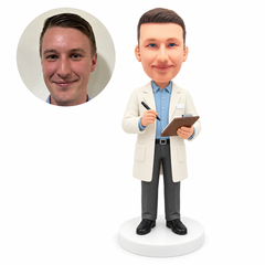 custom bobblehead figure male psychologist in a lab coat holding a pen and clipboard