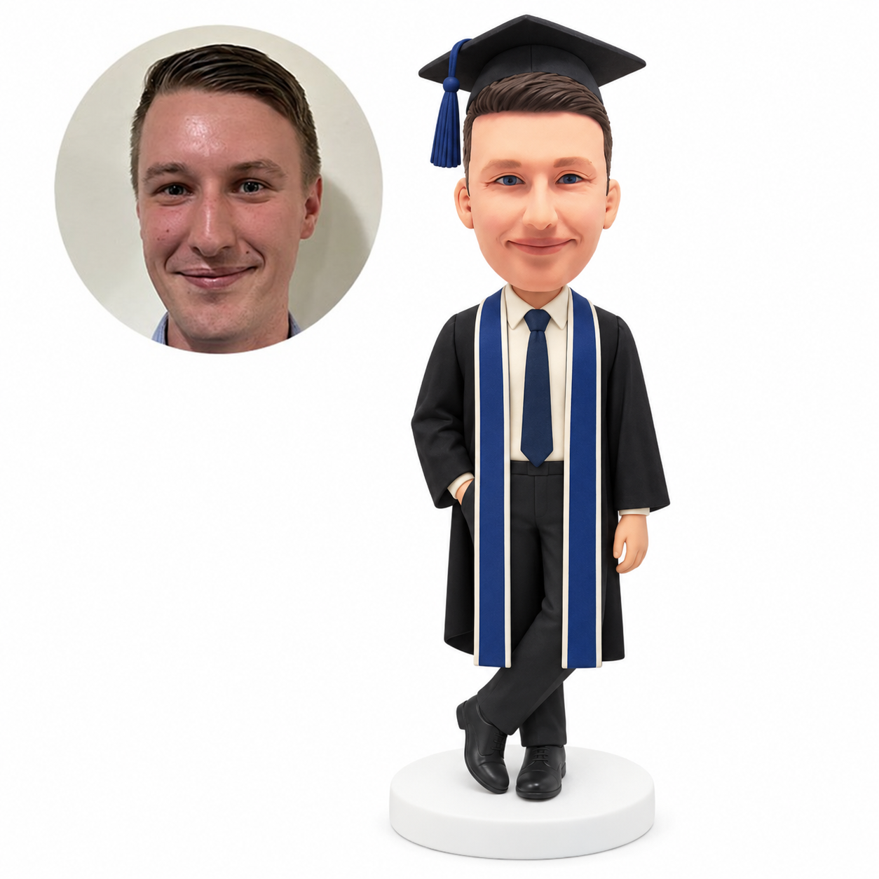 custom bobblehead figure male graduate with a long stole and one hand in his pocket - custom polymer clay bobblehead figure