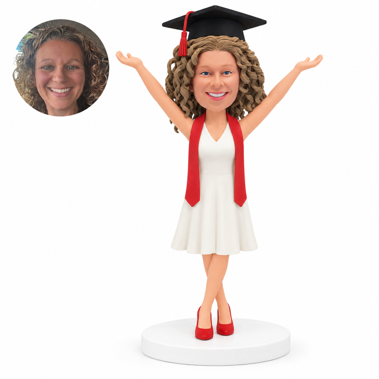 custom bobblehead figure female graduate in a sleeveless dress with both arms raised - custom polymer clay bobblehead figure
