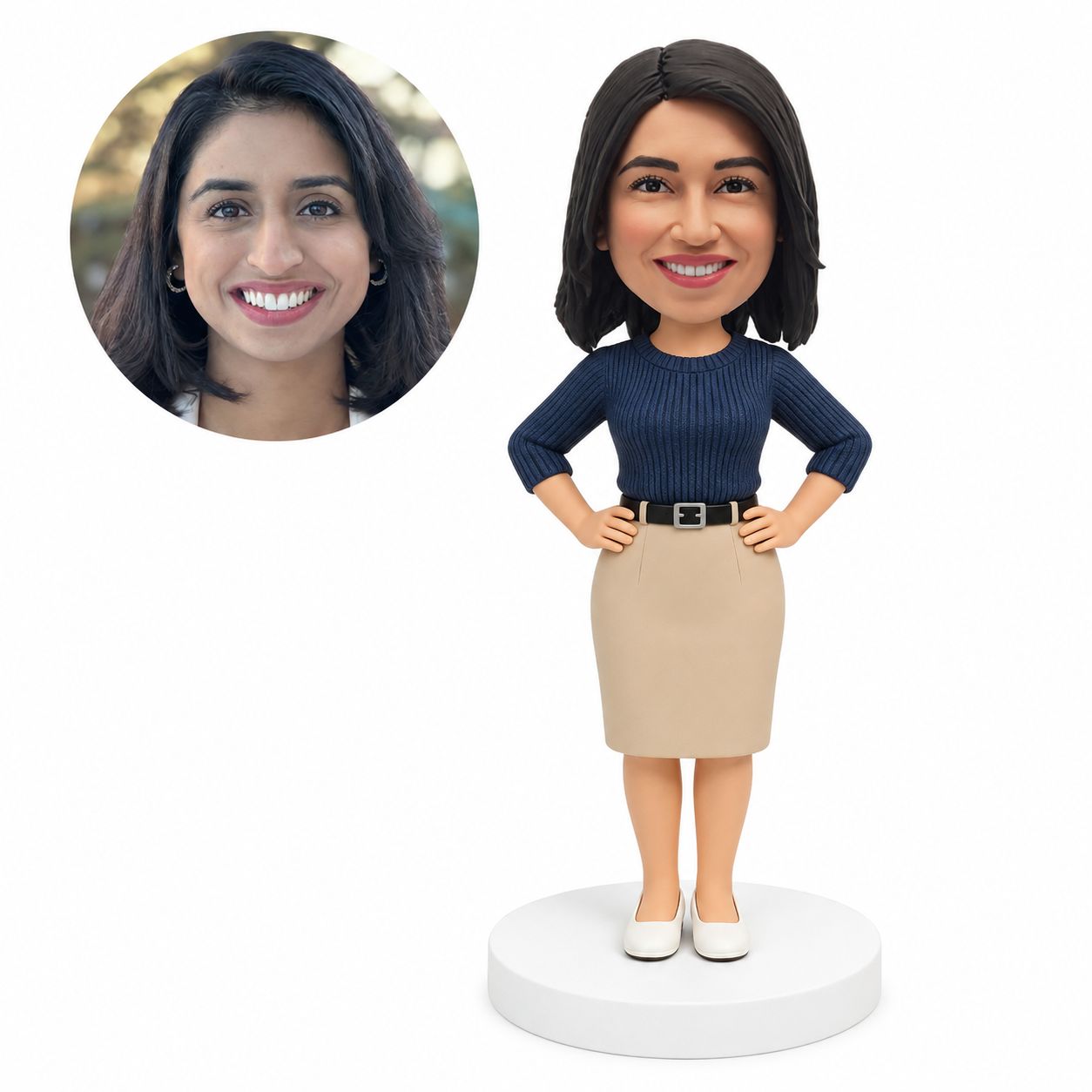 custom bobblehead figure woman in a knitted top and pencil skirt with both hands on her hips