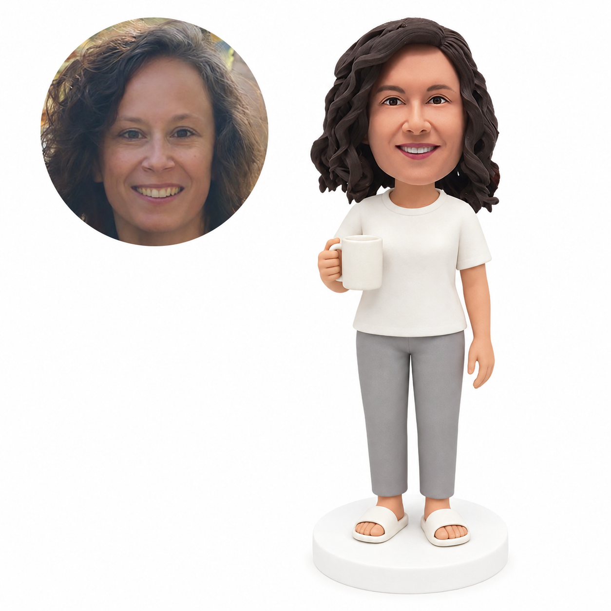 custom bobblehead figure woman in a t-shirt and slippers holding a coffee mug