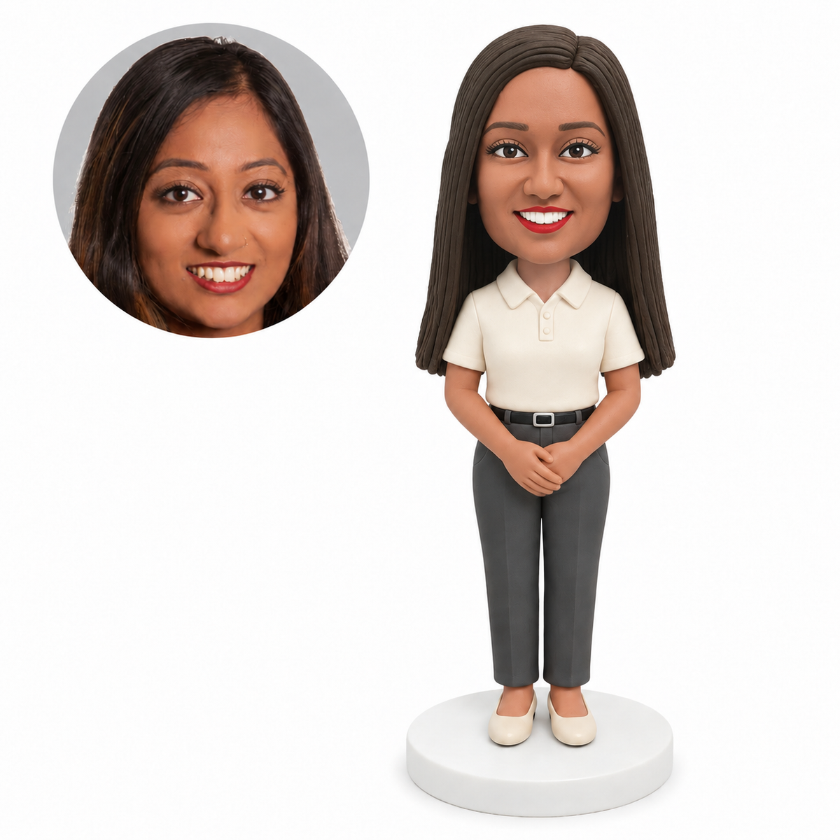 custom bobblehead figure woman in a polo shirt with hands folded at her waist