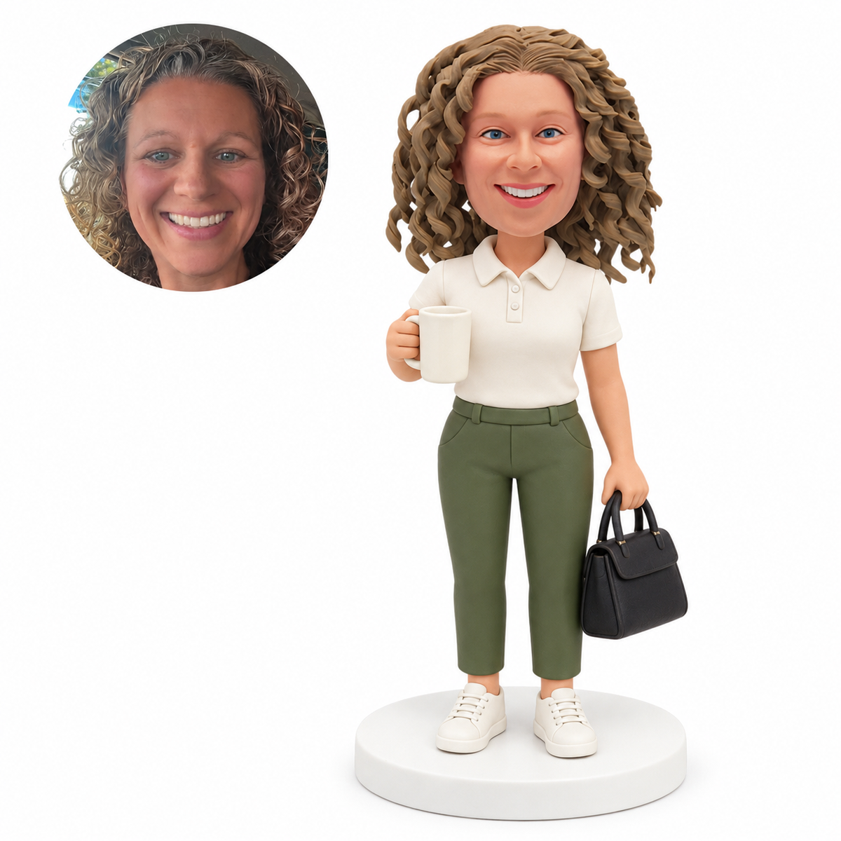 custom bobblehead figure woman in a polo shirt holding coffee and a handbag