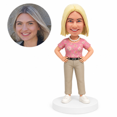 custom bobblehead figure woman in a short-sleeve t-shirt with both hands on her hips