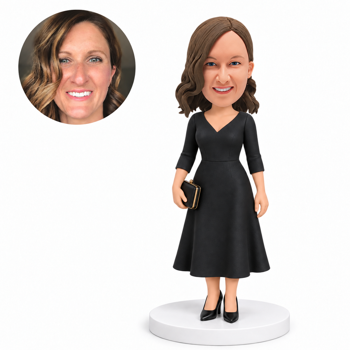 custom bobblehead figure woman in a v-neck dress holding a clutch bag