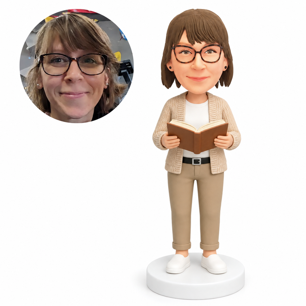 custom bobblehead figure woman in a knitted cardigan holding an open book