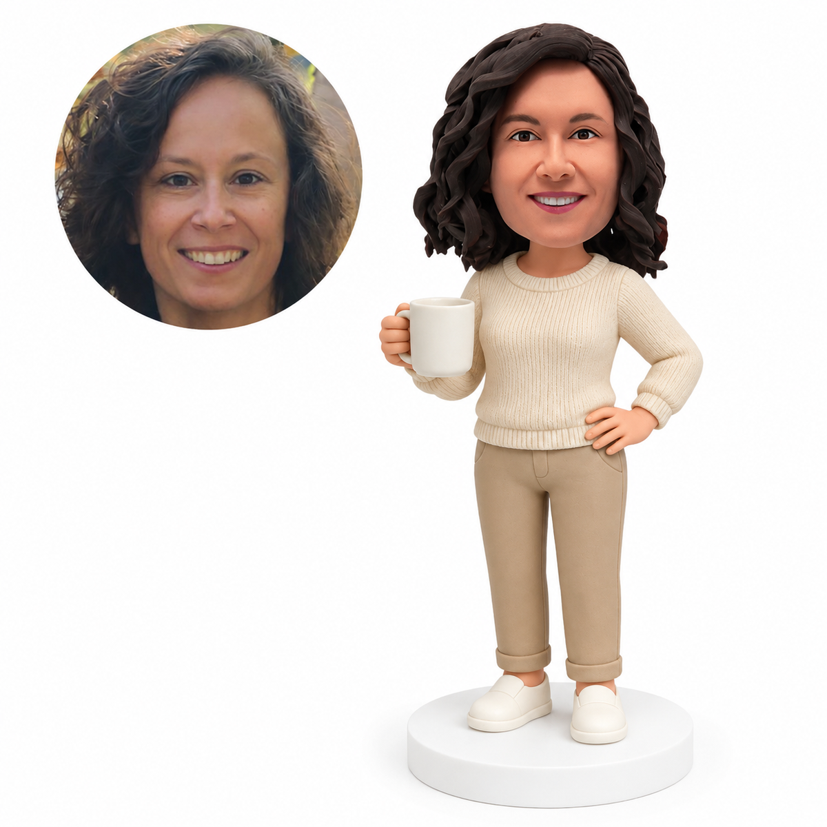 custom bobblehead figure woman in a crew-neck sweater holding a coffee mug with one hand on her hip
