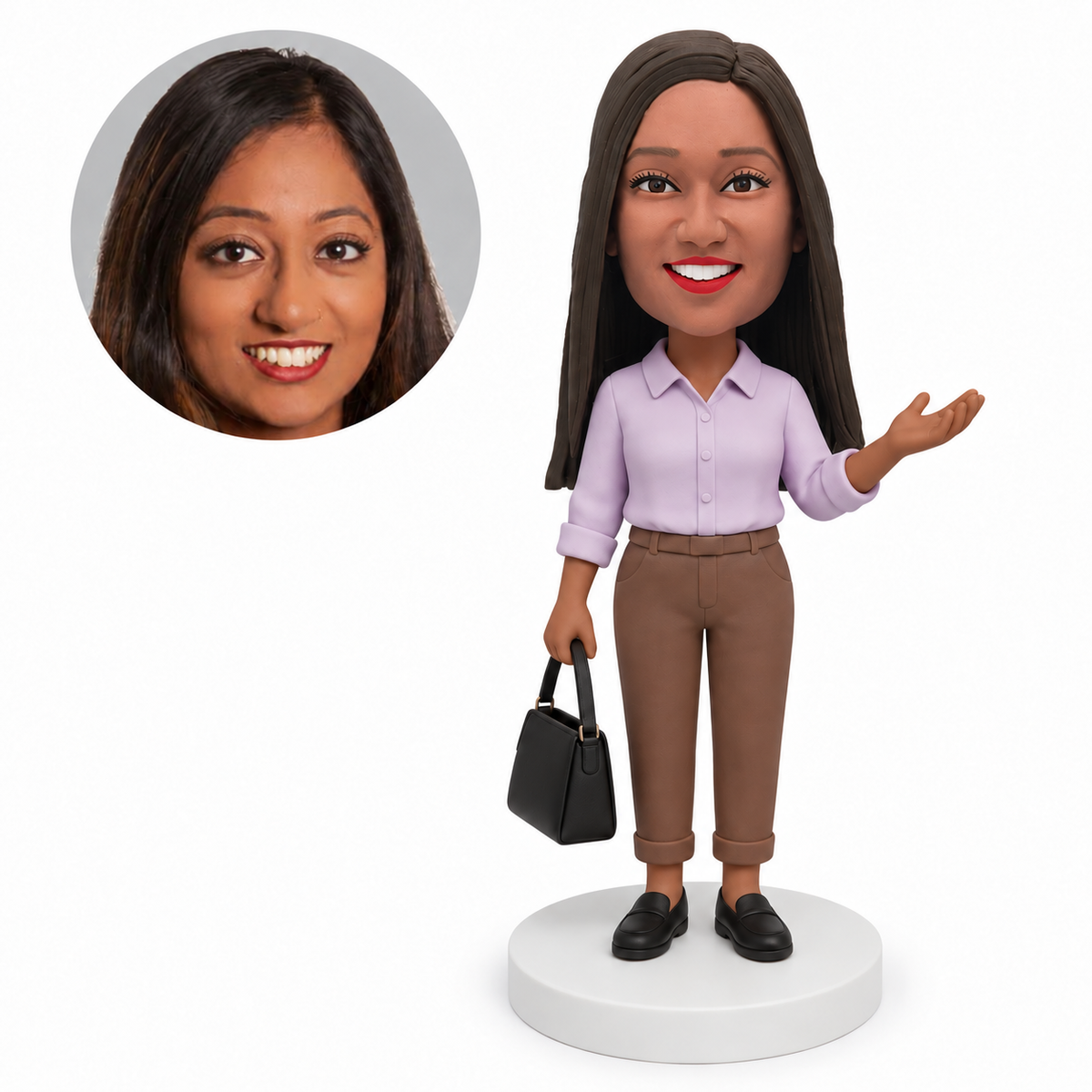 custom bobblehead figure woman in a collared shirt holding a handbag and gesturing with an open palm