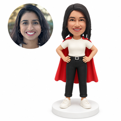 custom bobblehead figure woman in a cape and t-shirt with both hands on her hips