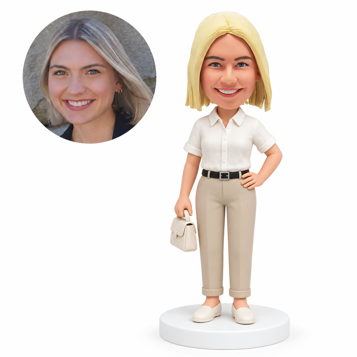 custom bobblehead figure woman in a short-sleeve collared shirt holding a handbag with one hand on her hip