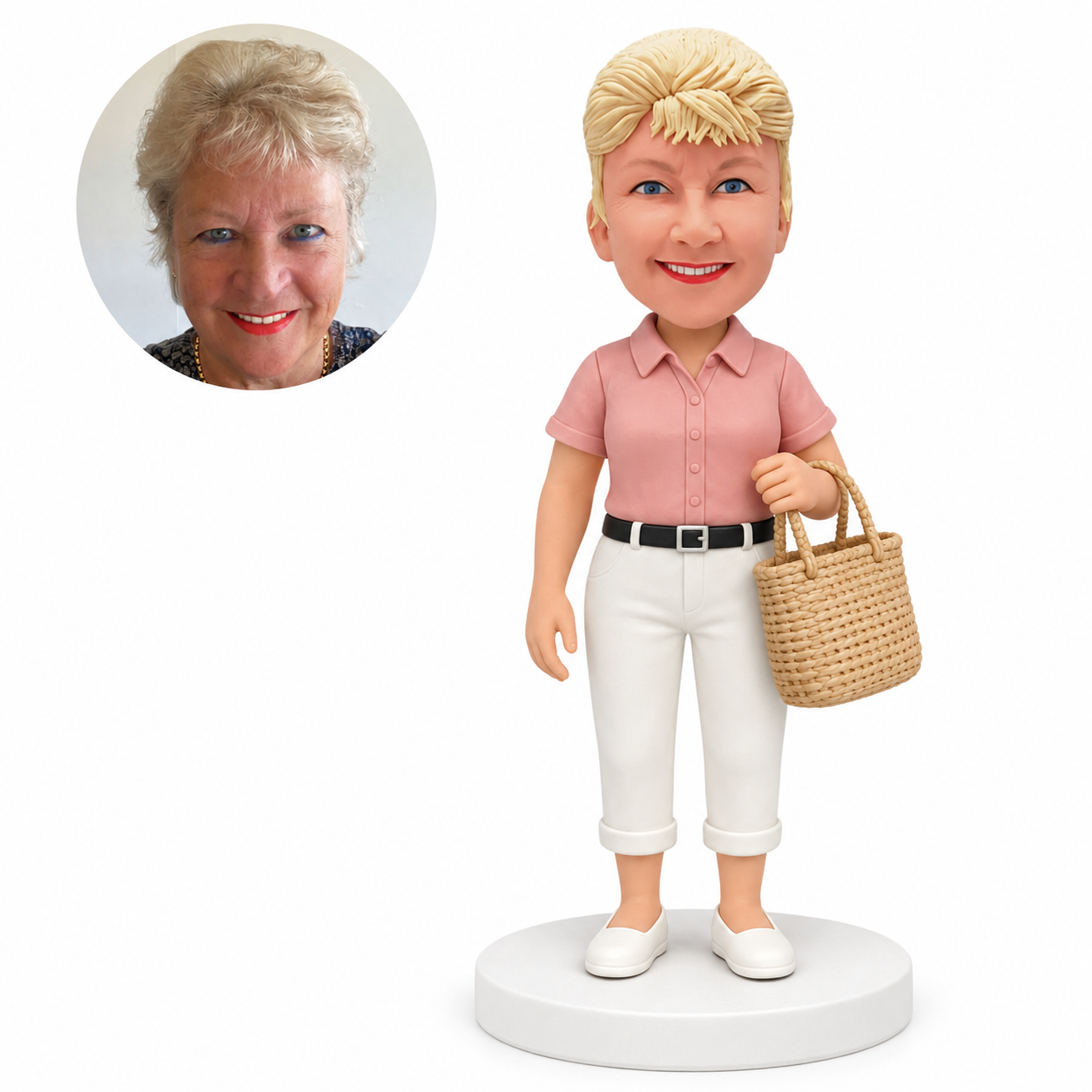 custom bobblehead figure woman in a short-sleeve collared shirt carrying a woven tote bag