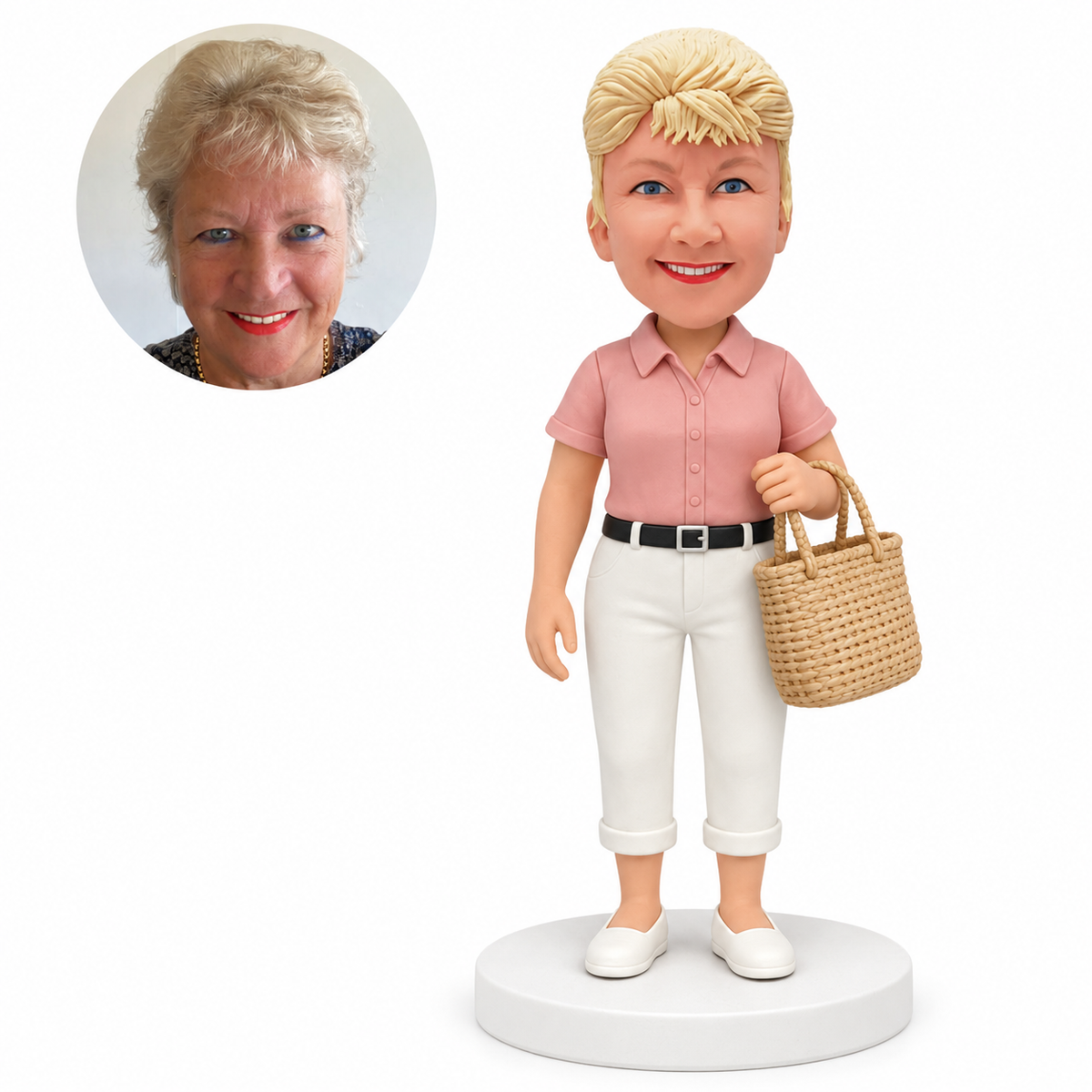 custom bobblehead figure woman in a short-sleeve collared shirt carrying a woven tote bag