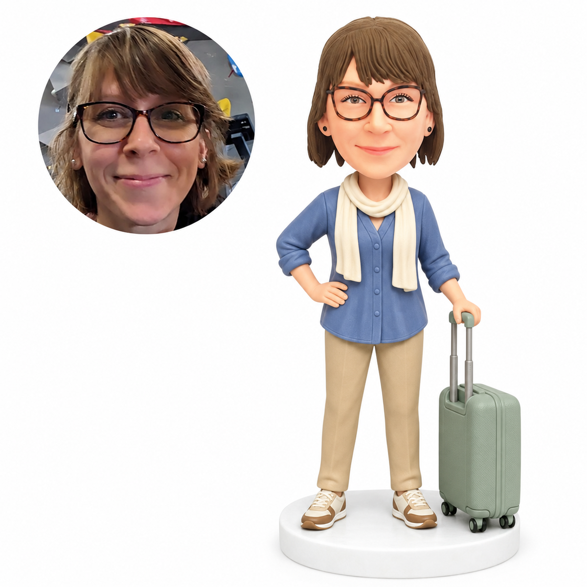 custom bobblehead figure woman in a scarf holding a rolling suitcase with one hand on her hip