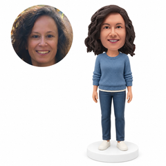 custom bobblehead figure woman in a crew-neck sweater standing with her arms down