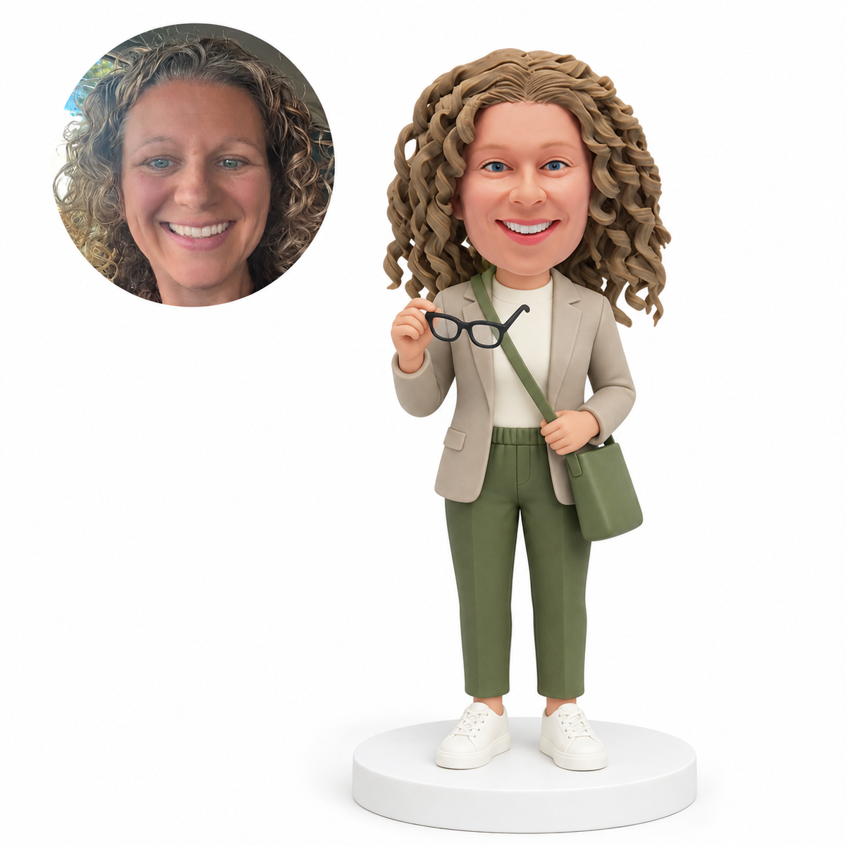 custom bobblehead figure woman in a blazer holding eyeglasses and a shoulder bag