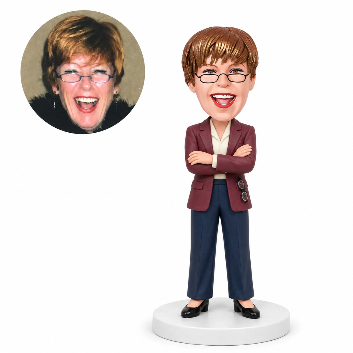 custom bobblehead figure woman in a pantsuit standing with her arms crossed