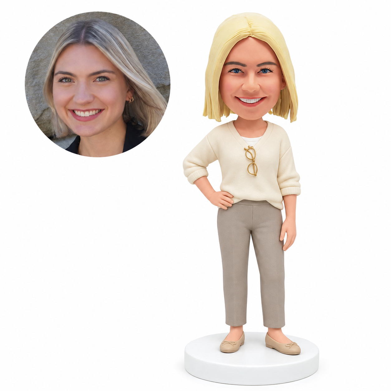 custom bobblehead figure woman in a v-neck sweater with one hand on her hip