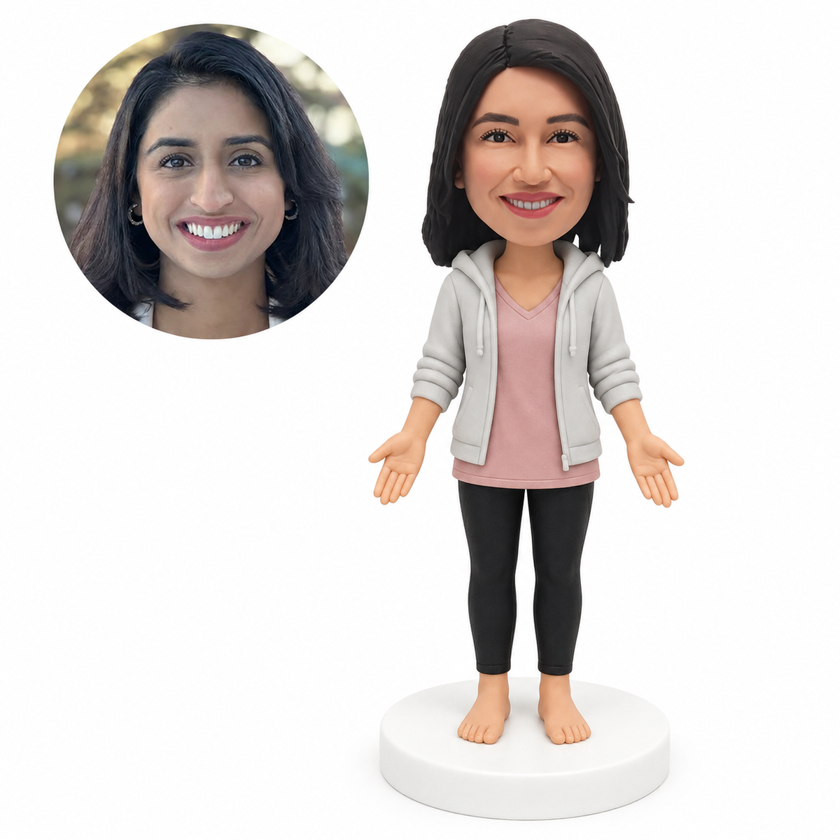 custom bobblehead figure woman in an open hoodie standing barefoot with her palms up