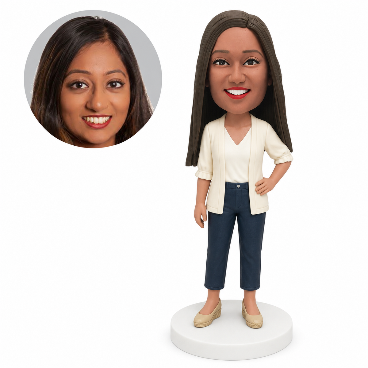 custom bobblehead figure woman in an open cardigan with one hand on her hip