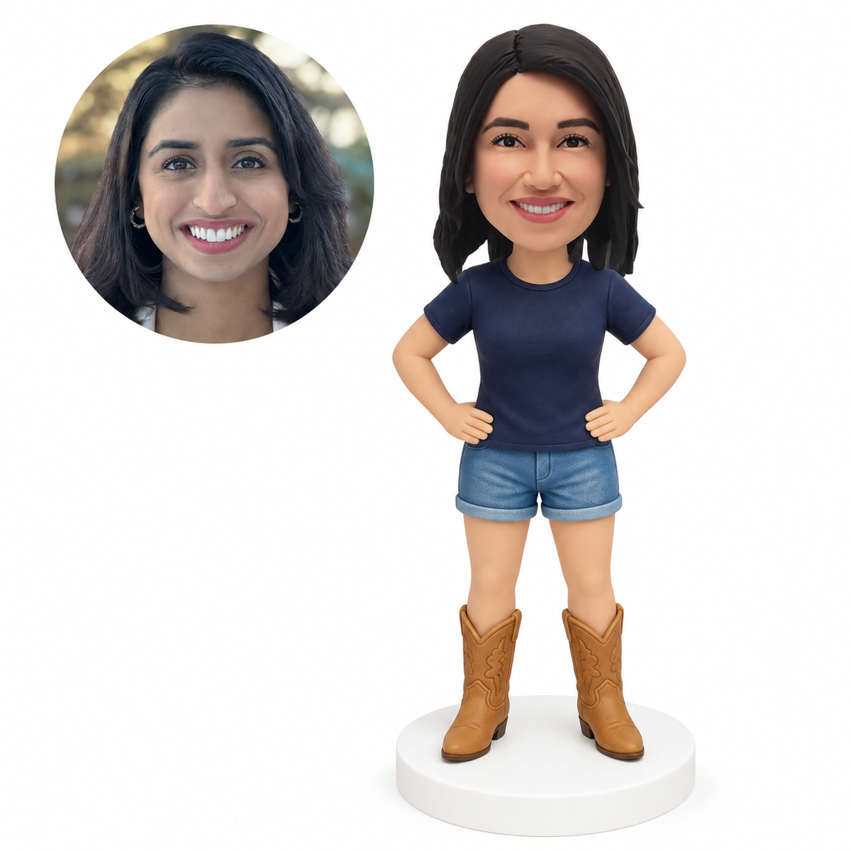 custom bobblehead figure woman in a t-shirt and shorts with cowboy boots and hands on hips