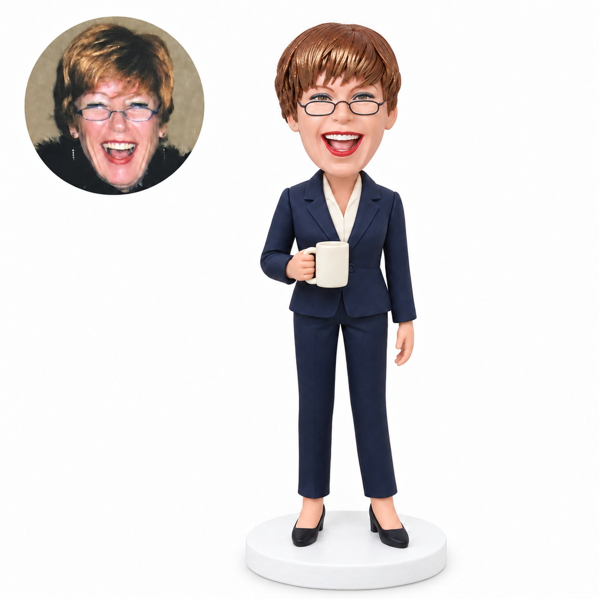 custom bobblehead figure woman in a pantsuit holding a coffee mug with her other arm relaxed