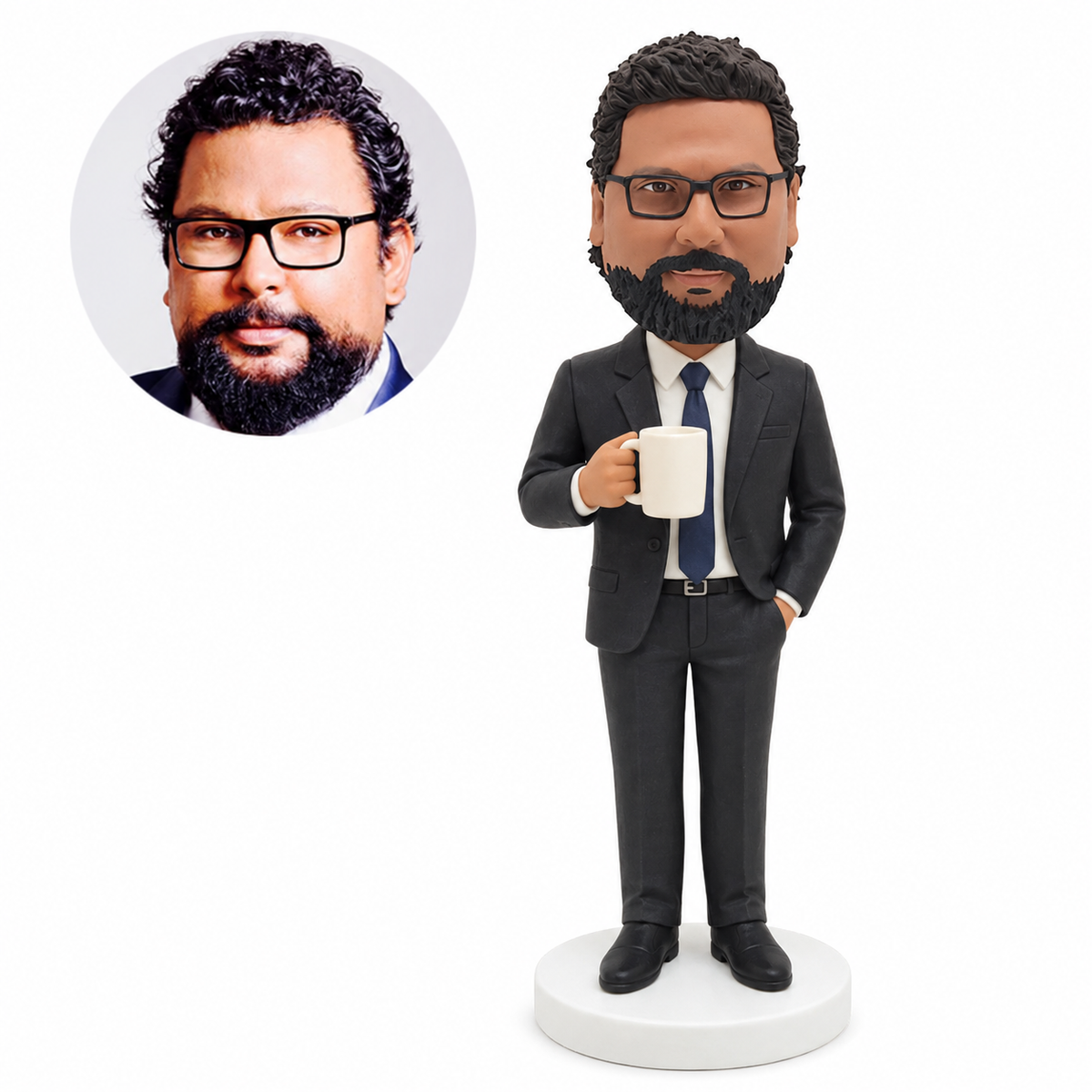 custom bobblehead figure businessman in a suit holding a large mug with a hand in his pocket