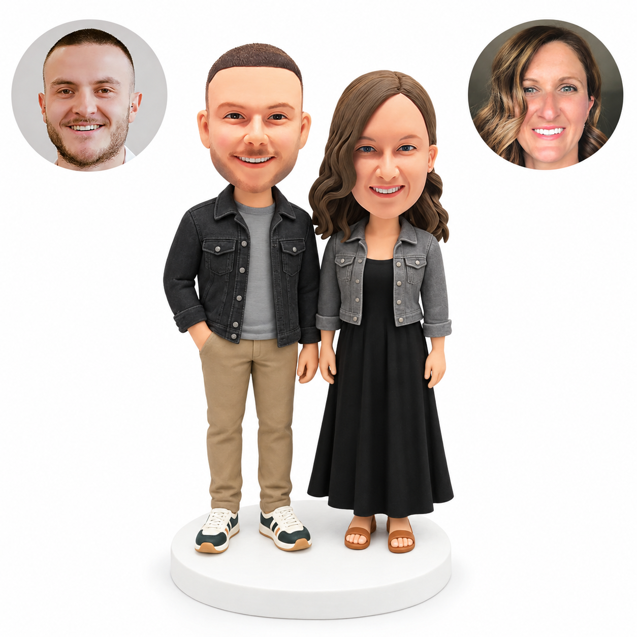 custom bobblehead figures casual couple in denim jackets with a long dress