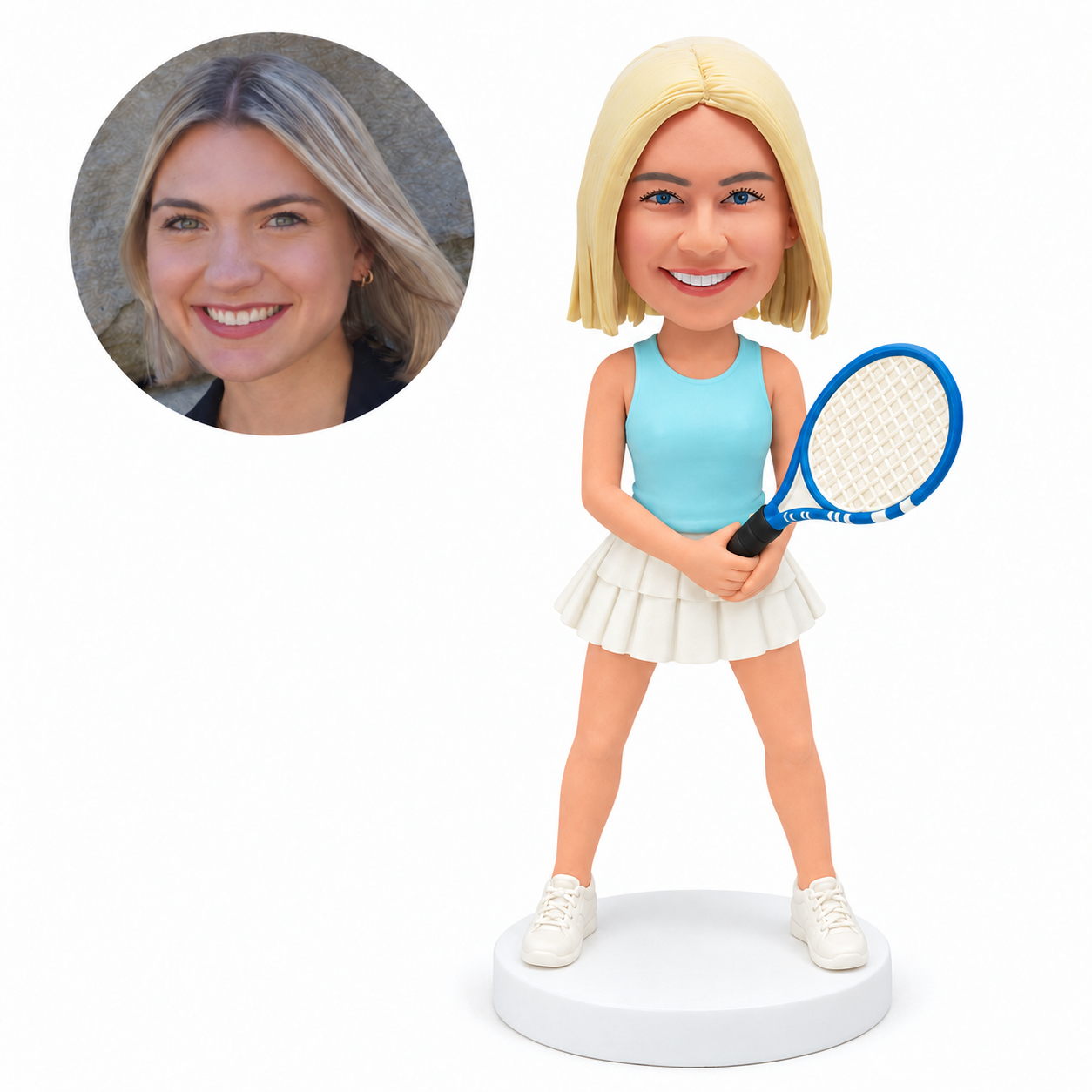 custom bobblehead figure female tennis player holding a racket with both hands