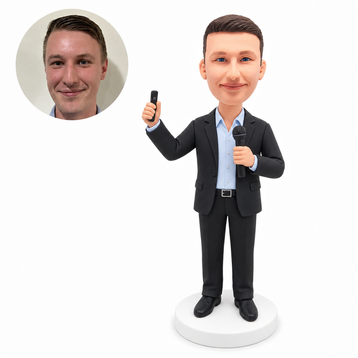 custom bobblehead figure male speaker holding a microphone and a presentation remote