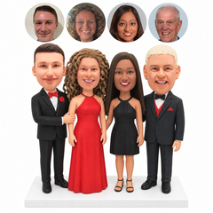 custom bobblehead figures four family members in suits and halter dresses