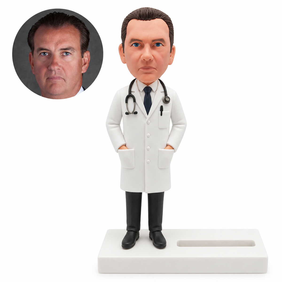 custom bobblehead figure doctor on a business card holder base