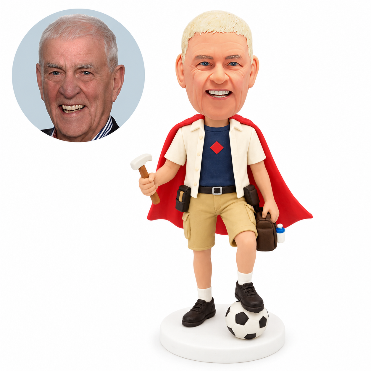 custom bobblehead figure dad in a cape and shorts holding a hammer beside a soccer ball