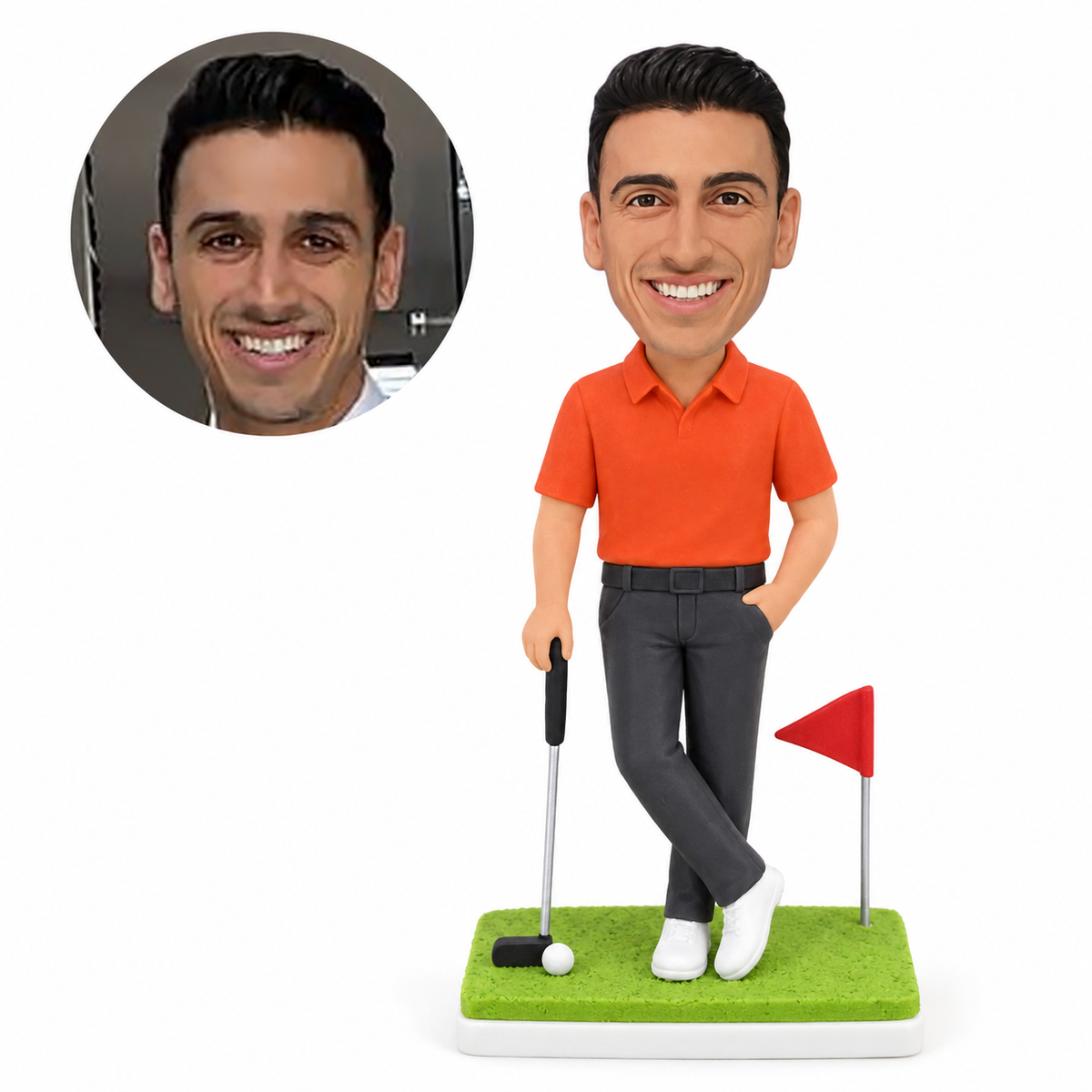 custom bobblehead figure golfer with crossed ankles beside a putting flag