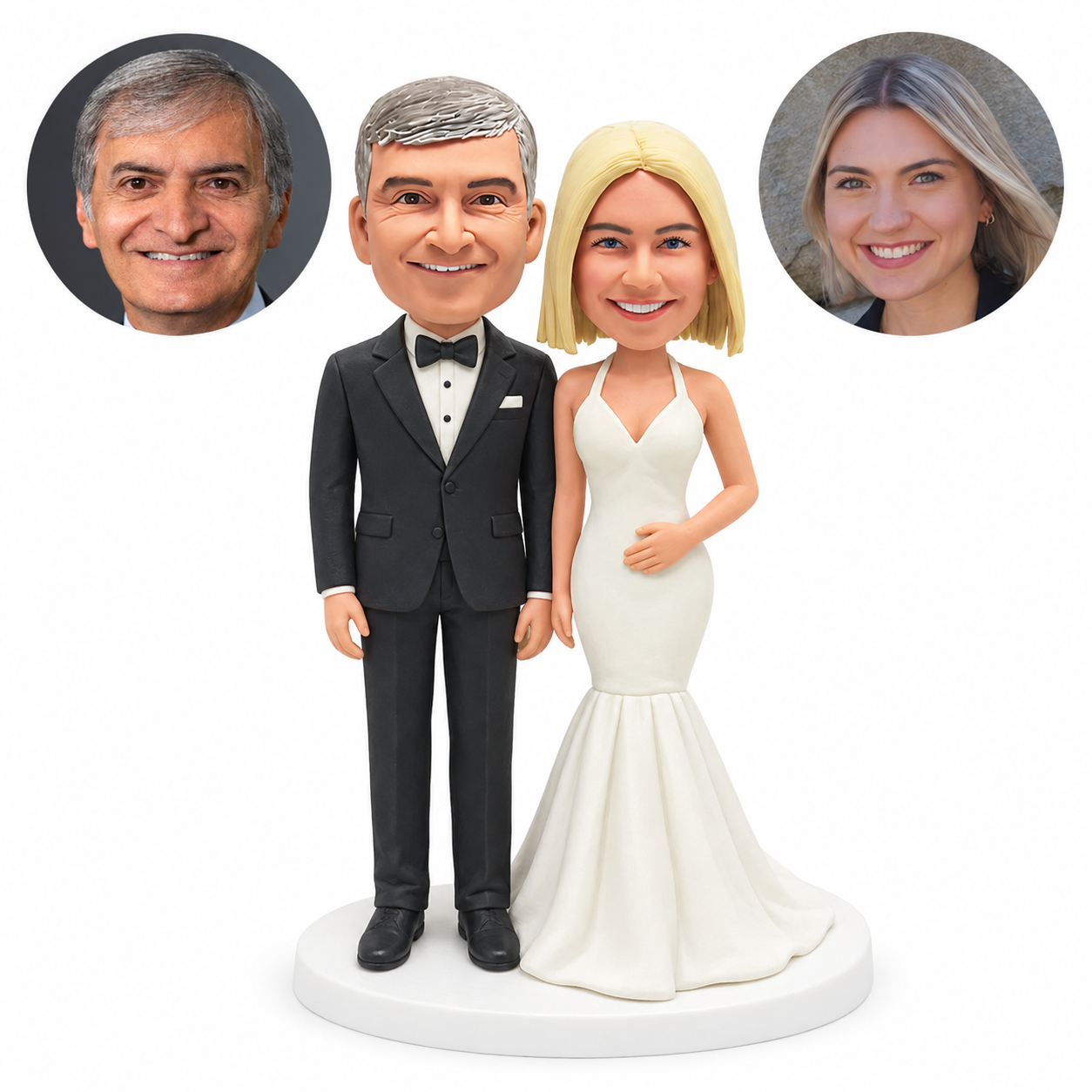custom bobblehead figures wedding couple with a tuxedo groom and halter mermaid gown bride