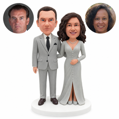 custom bobblehead figures formal couple with a long sleeve slit gown and a gray suit