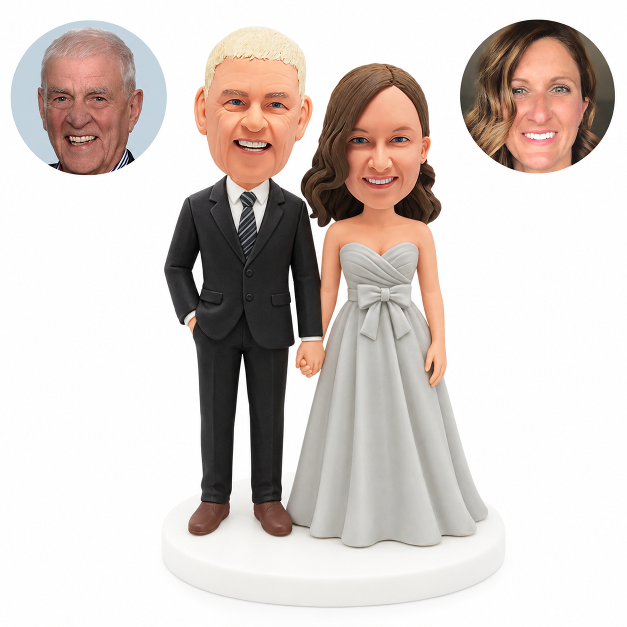 custom bobblehead figures formal couple with a pocketed suit and strapless bow waist gown