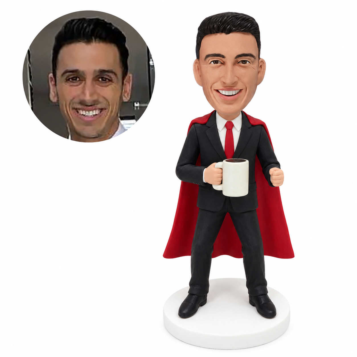 custom bobblehead figure businessman in a cape holding a large mug