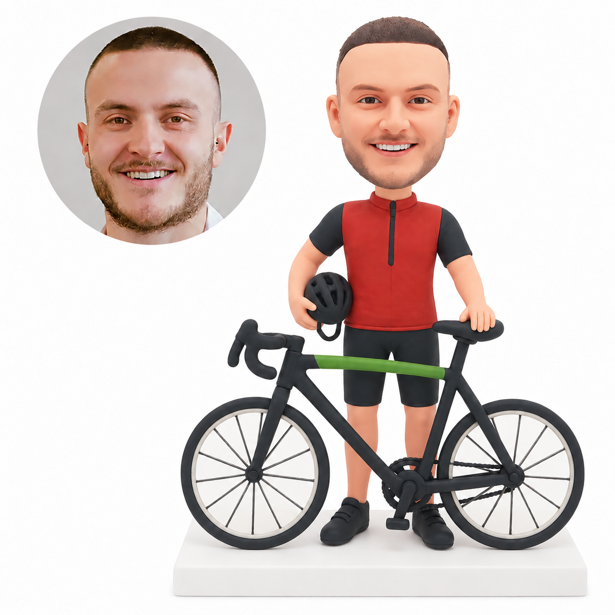 custom bobblehead figure cyclist standing behind a bicycle holding a helmet