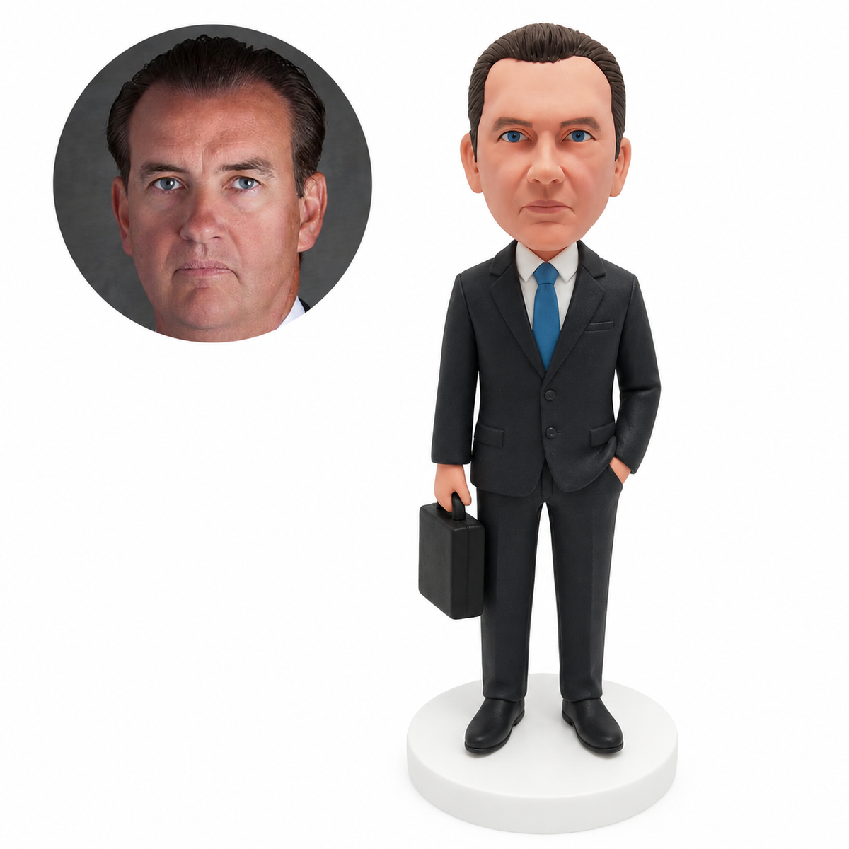 custom bobblehead figure businessman holding a briefcase with one hand in his pocket