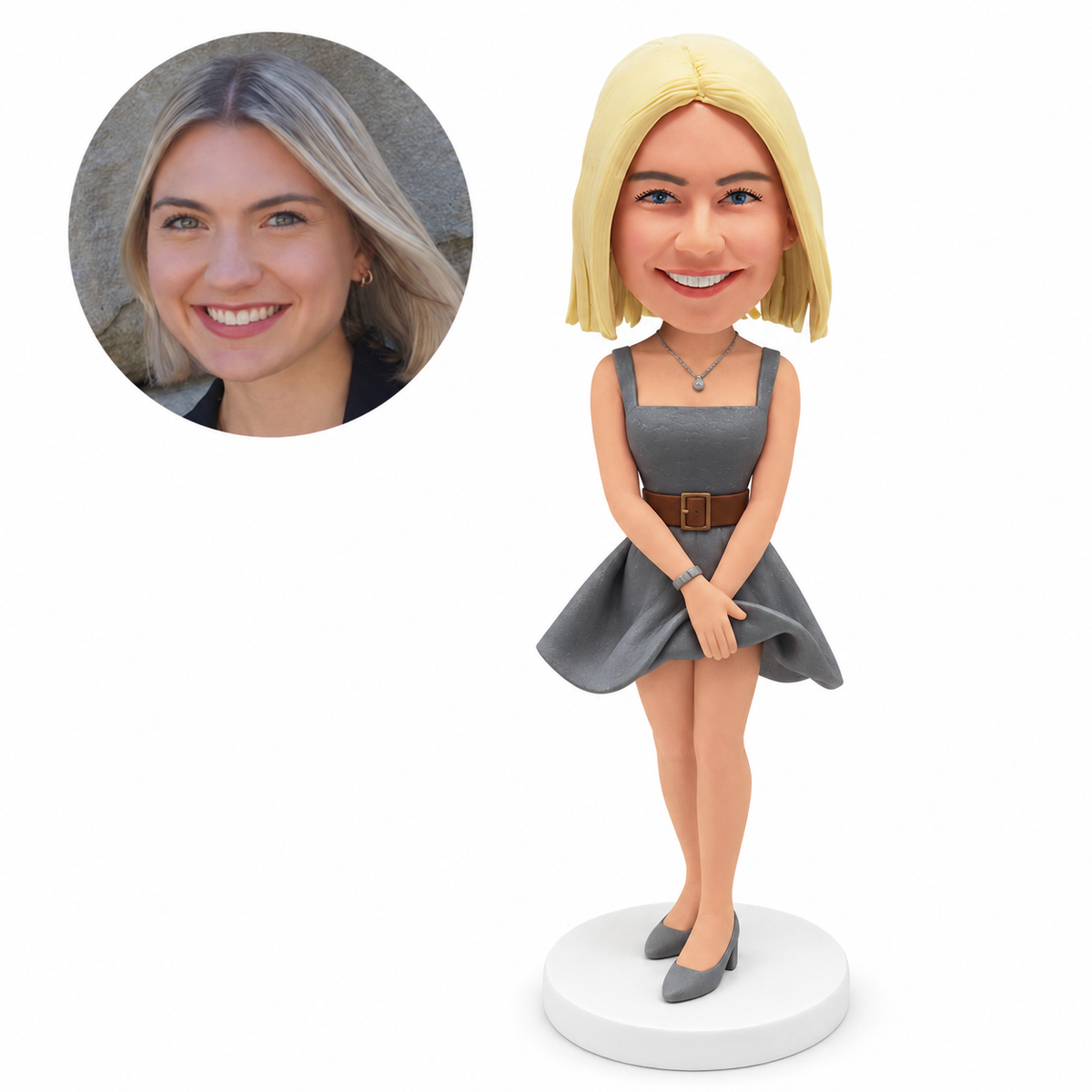 custom bobblehead figure woman holding the front hem of a belted short dress