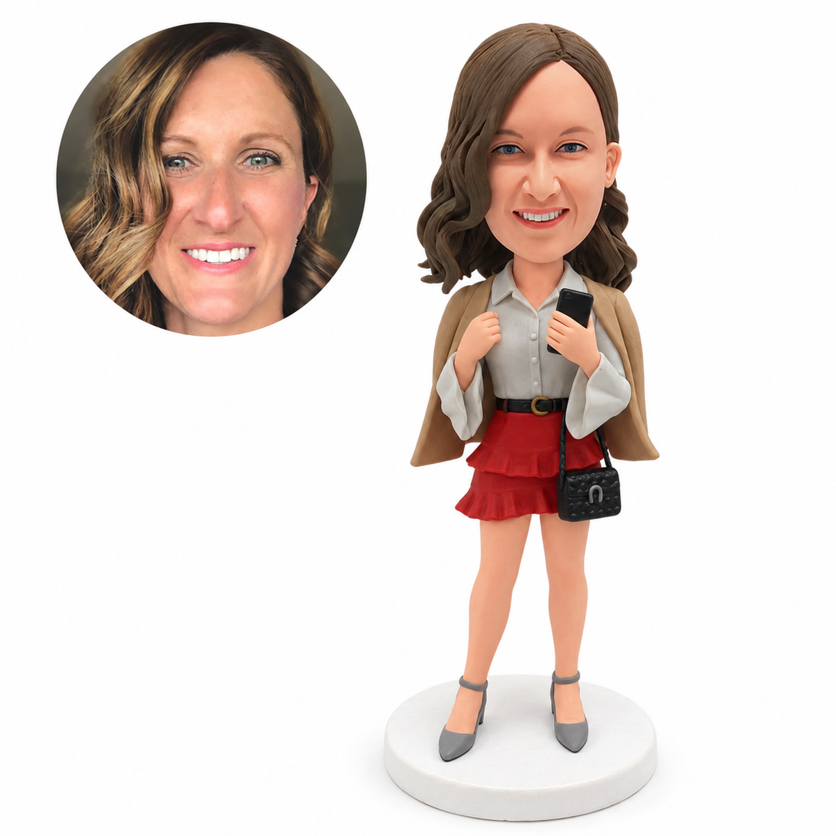 custom bobblehead figure woman with a phone and shoulder purse in a ruffle skirt
