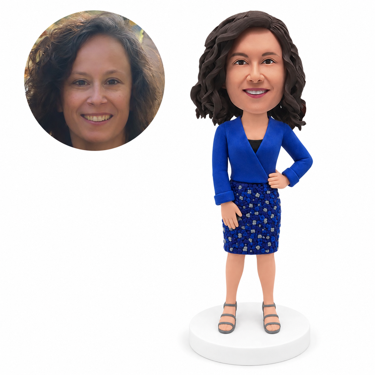 custom bobblehead figure woman in a cropped blue jacket and straight skirt