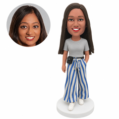 custom bobblehead figure woman in wide-leg trousers with a waist pouch