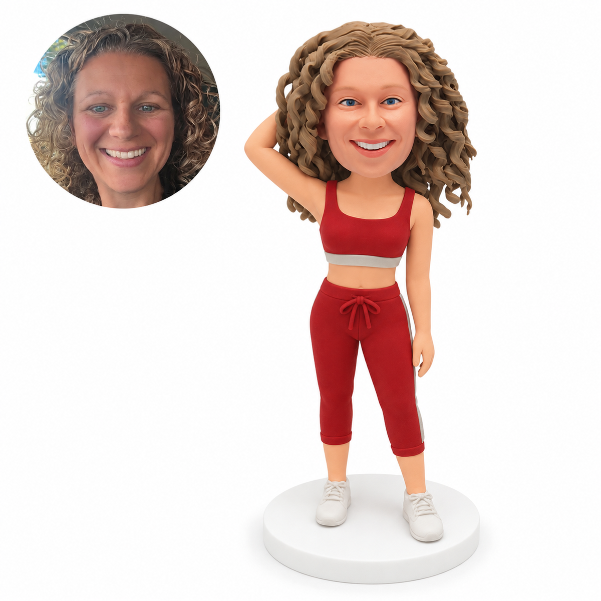 custom bobblehead figure woman in a sports crop top and cropped joggers