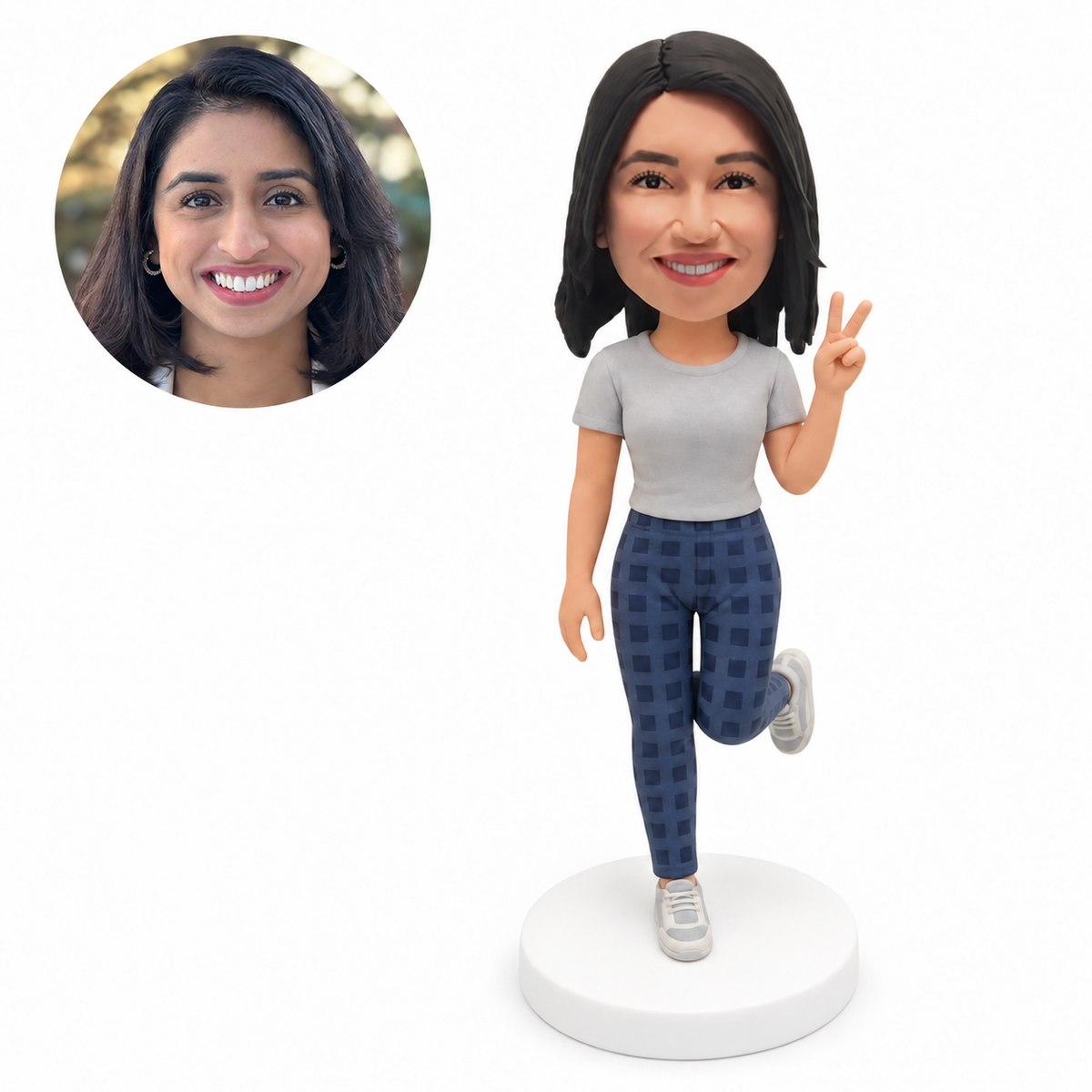 custom bobblehead figure woman lifting one leg and making a peace sign