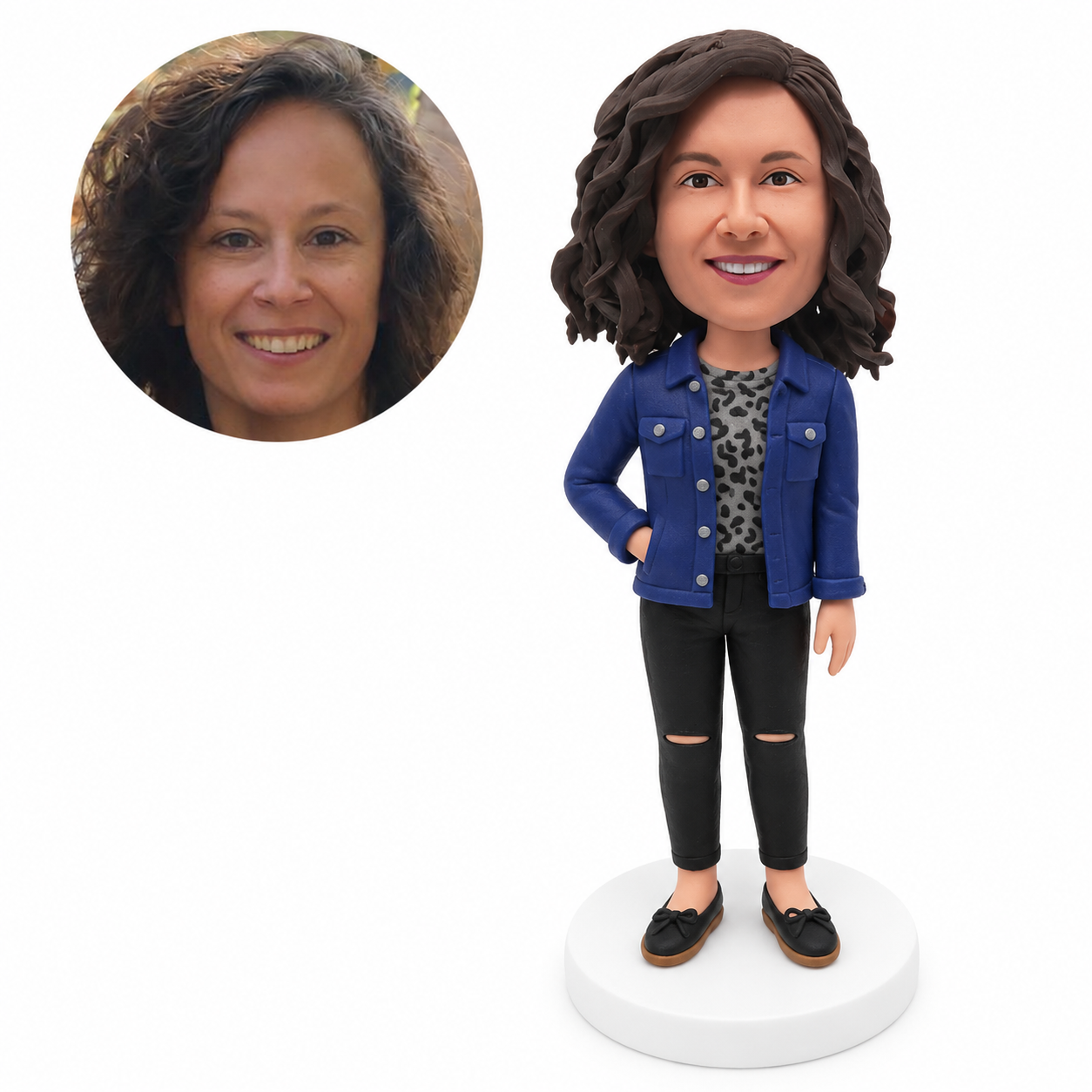 custom bobblehead figure woman in a denim jacket and ripped cropped jeans