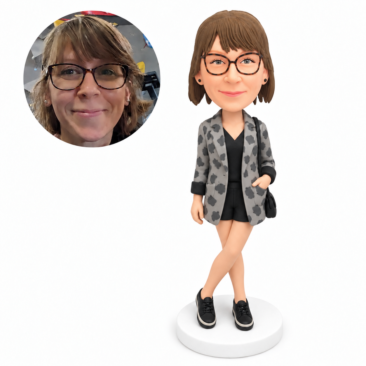 custom bobblehead figure woman in an oversized jacket and shorts with crossed legs and a purse