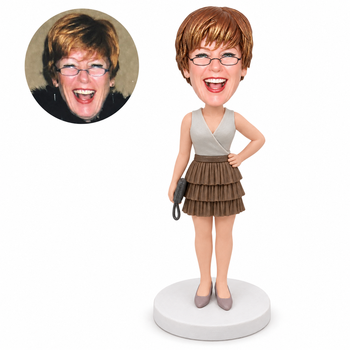 custom bobblehead figure woman in a wrap blouse and tiered mini skirt holding a clutch