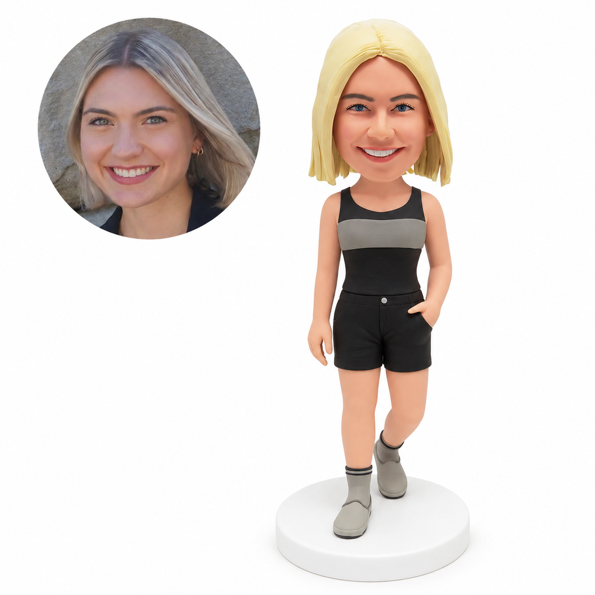 custom bobblehead figure woman in a sleeveless tank top and shorts with one hand in a pocket