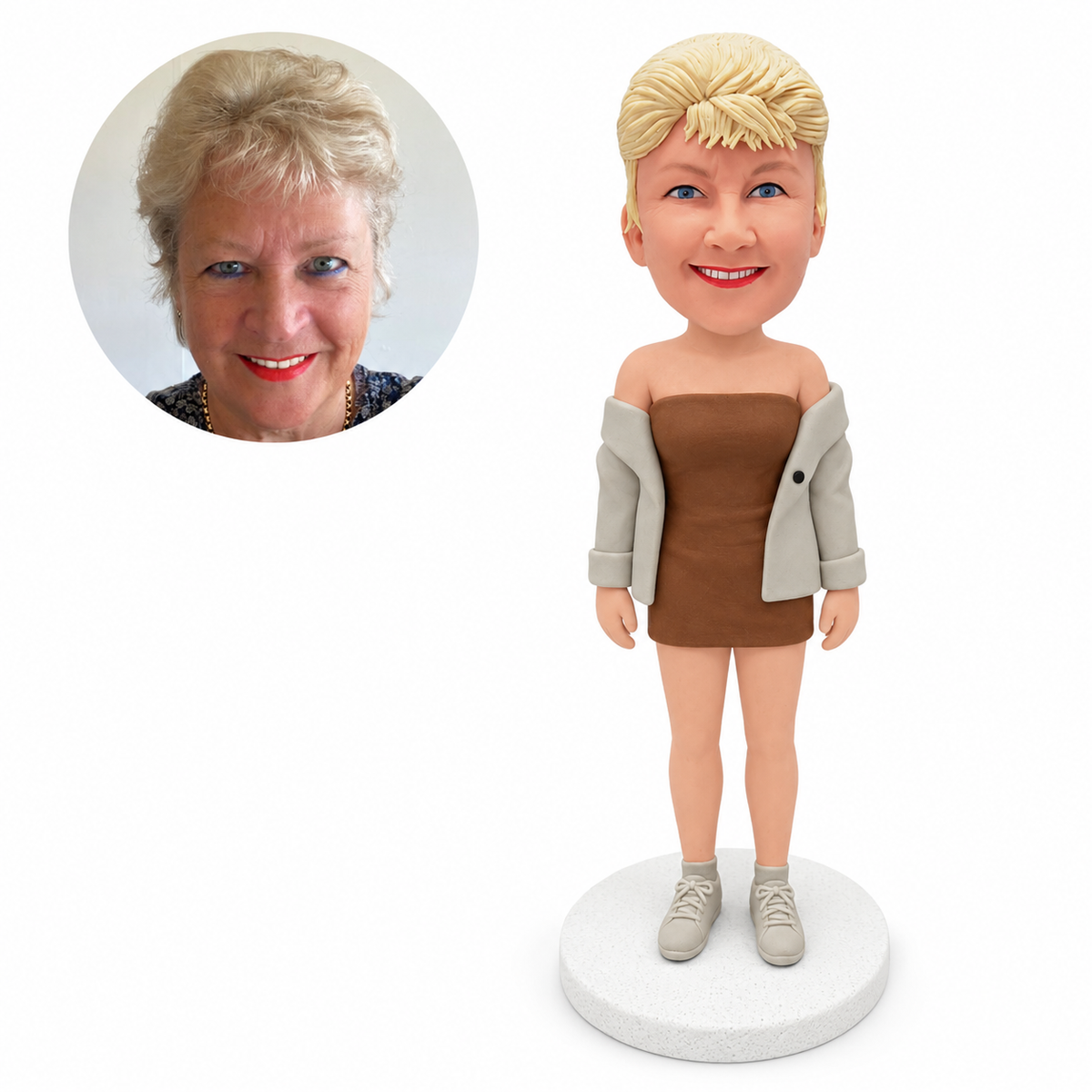 custom bobblehead figure woman in a strapless mini dress with a jacket worn off the shoulders